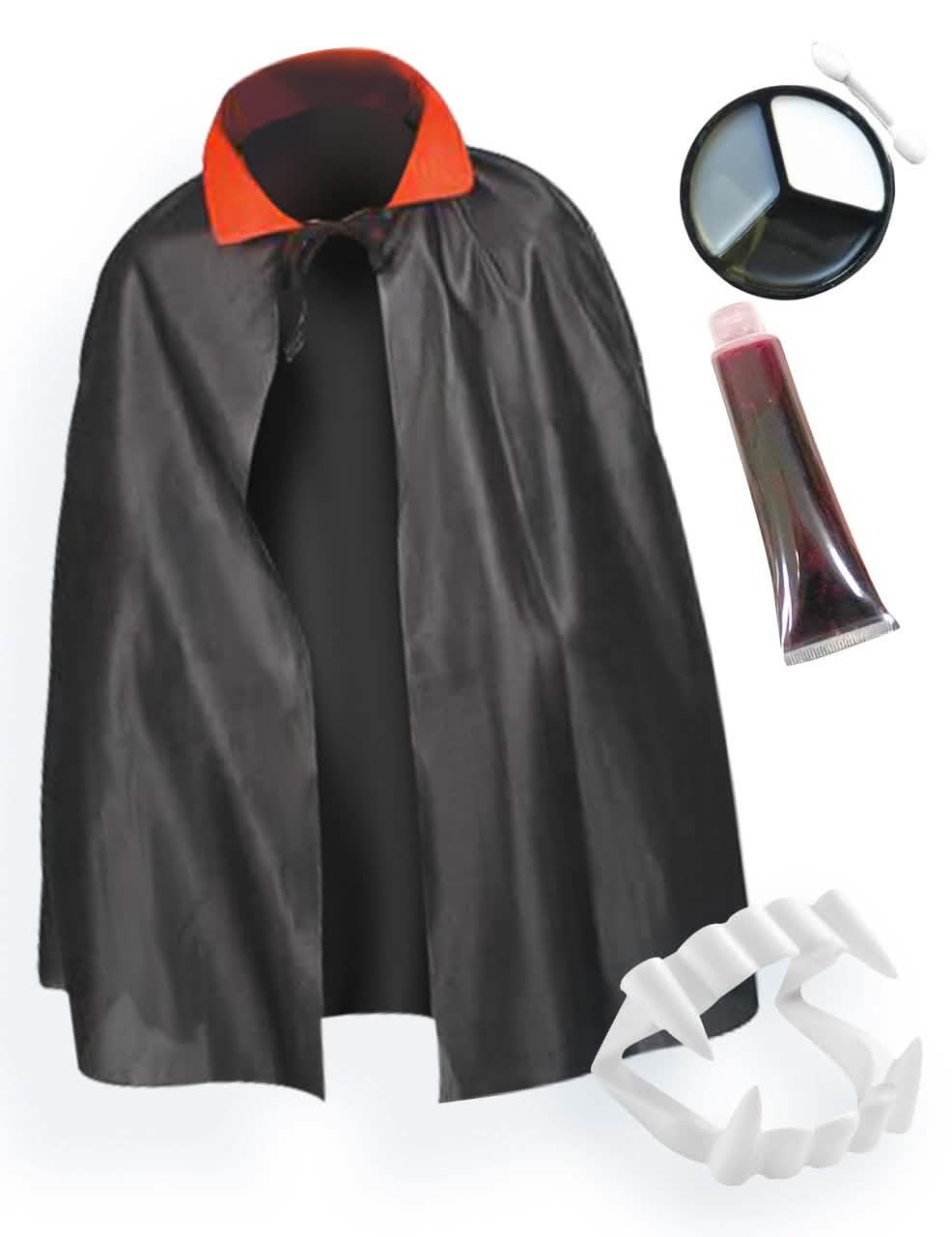 Kit de acessórios de vampiro para criança com capa preta com colarinho vermelho, dentadura e maquilhagem