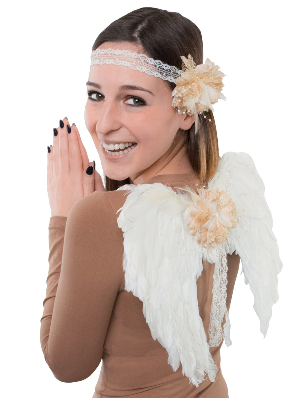 Kit ailes d'ange et bandeau pour adulte blanc et beige avec fleurs