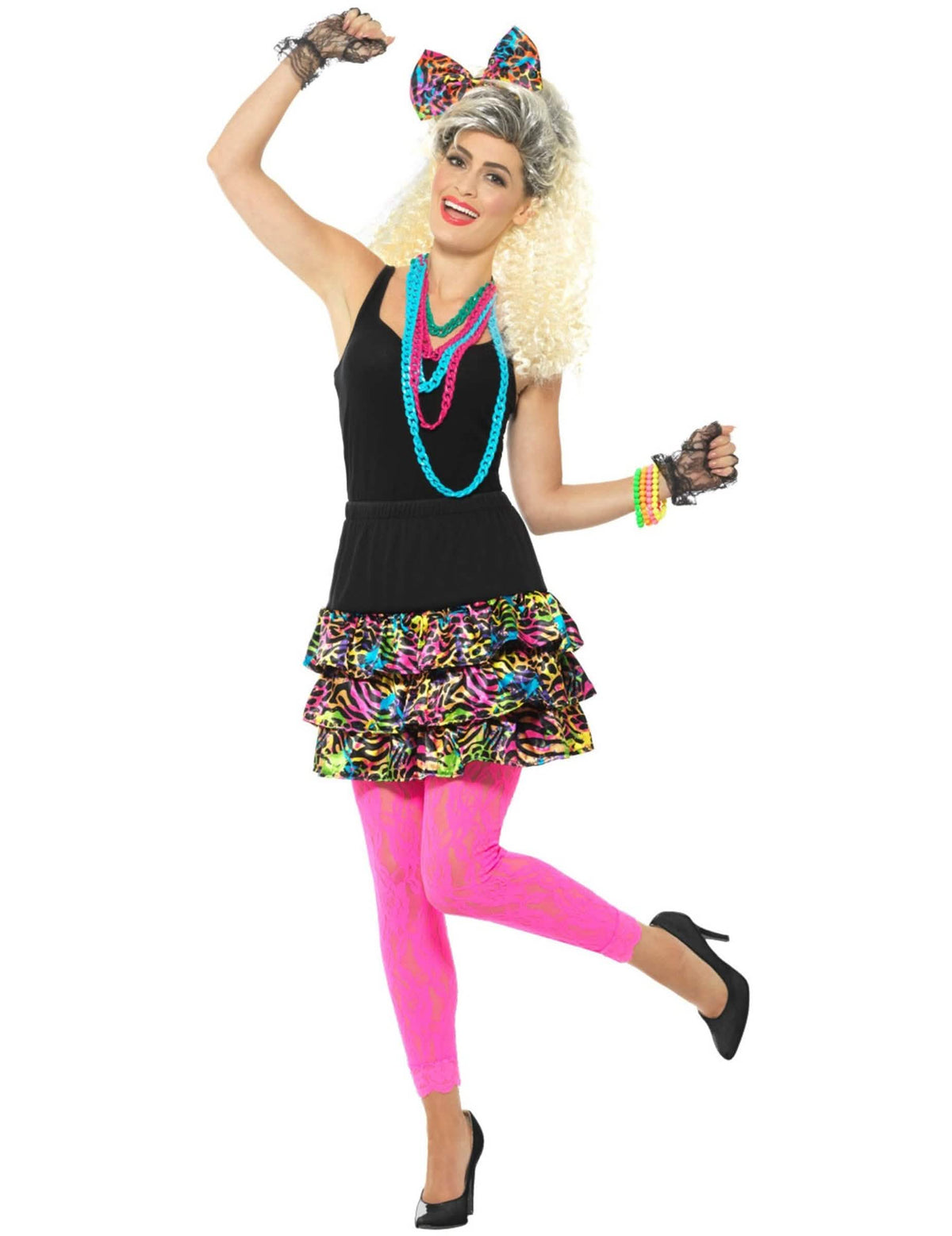 Vista frontal do kit anos 80 fluo leopardo
