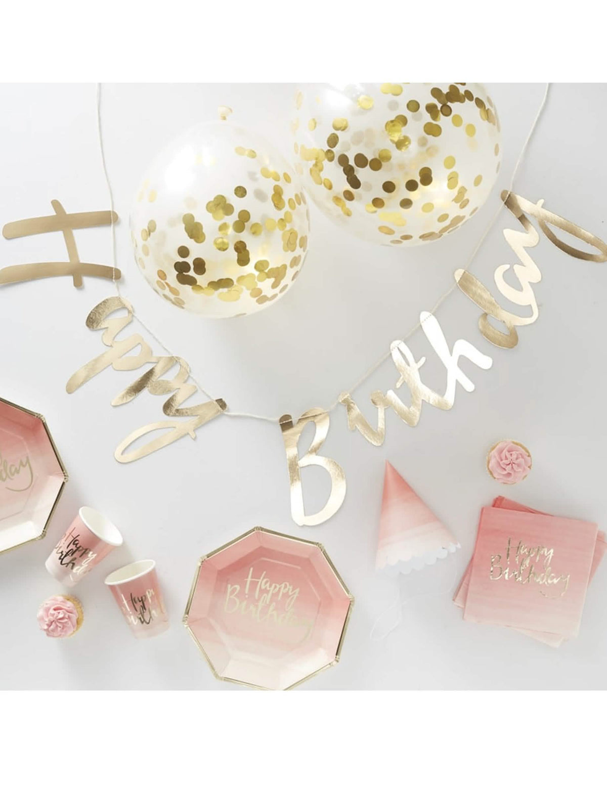 Kit completo de decoração e loiça de aniversário para festa cor de rosa e dourado com guirlanda e balões com confettis