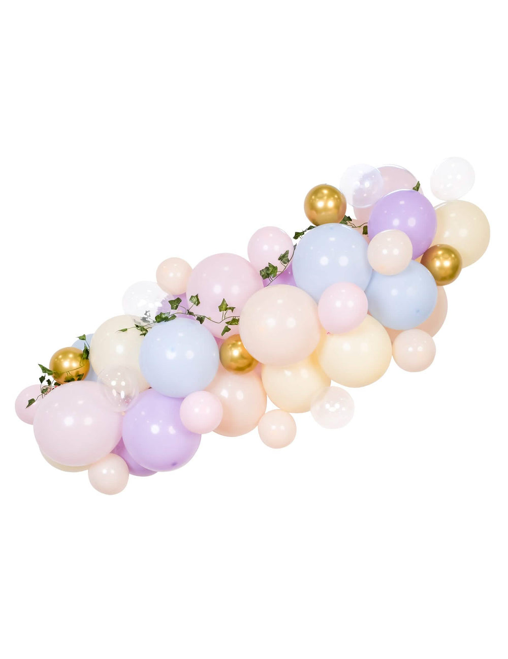 Arche de ballons berlingot pastel pour fête multicolore avec lierre
