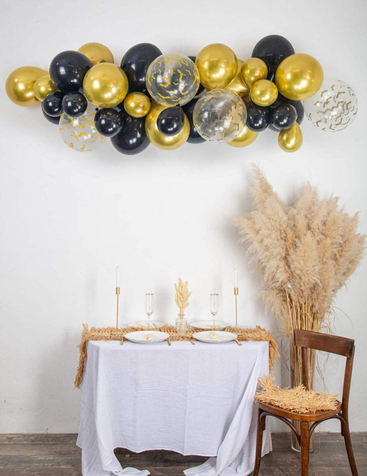 Kit arche de 34 ballons Halloween pour fête noir, or et transparent avec chauve-souris