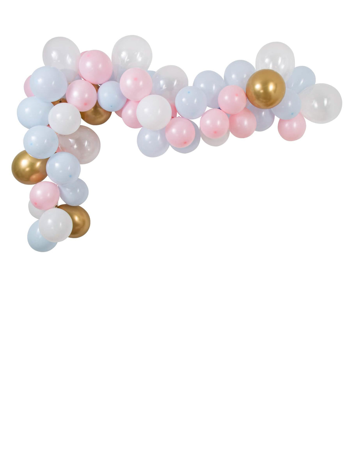 Vista da montagem do Kit de arco de 58 balões gender reveal azul e cor de rosa branco e dourado