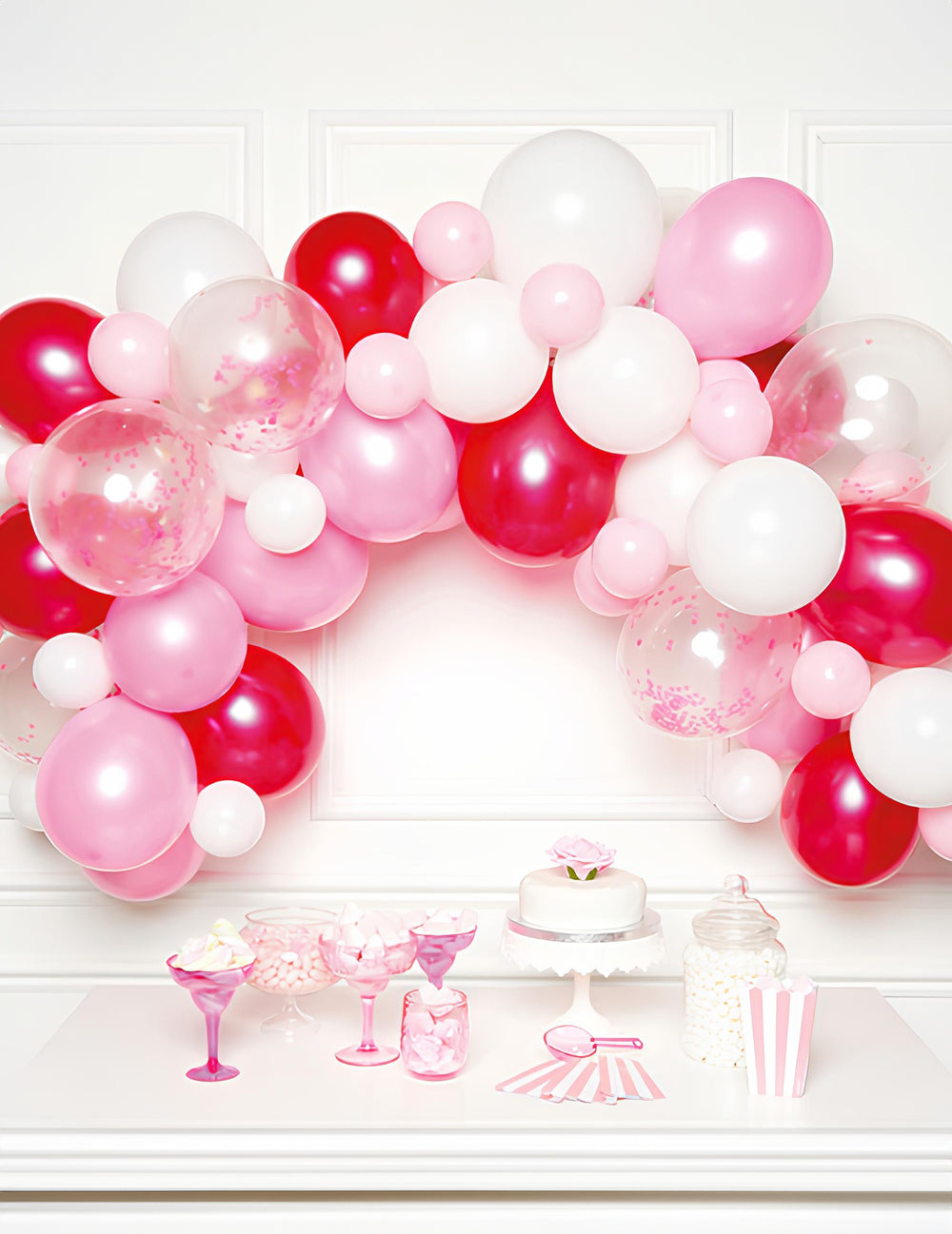 Kit arche de 70 ballons dégradé de rose pour anniversaire et baptême rose fuchsia et blanc
