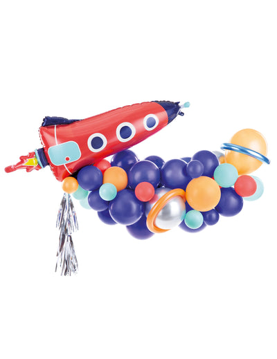 Kit arche de ballons space party pour enfant bleu orange et rouge avec fusée 76 pièces