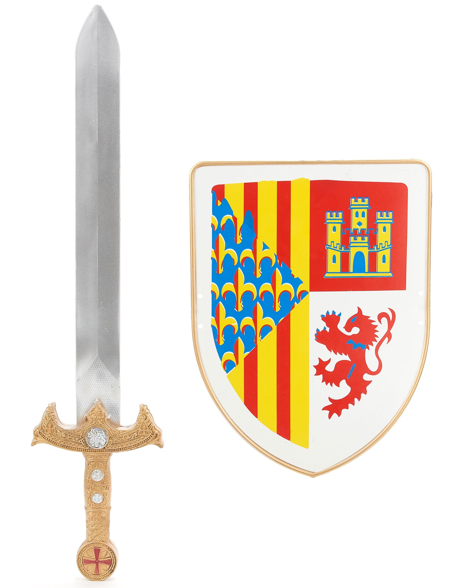 Kit bouclier et épée chevalier en plastique pour enfant avec blason multicolore et poignée dorée