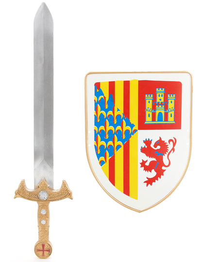Kit bouclier et épée chevalier en plastique pour enfant avec blason multicolore et poignée dorée