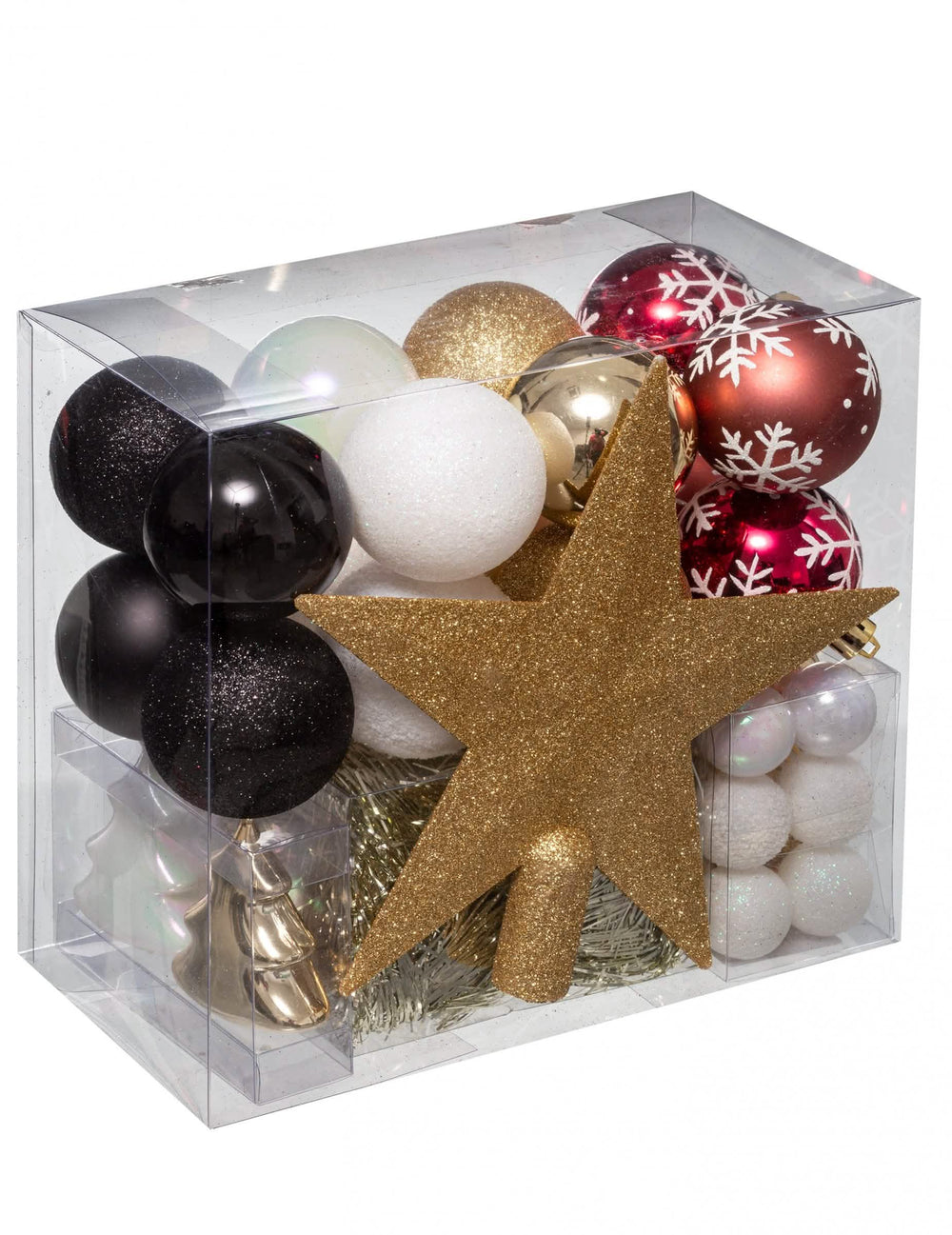Kit de decorações de natal para árvore preto branco vermelho e dourado 44 peças com bolas e remate