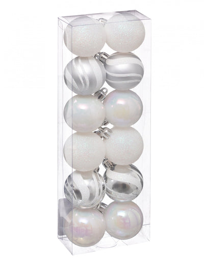 Mini boules de noël pour décoration blanches et argentées pailletées