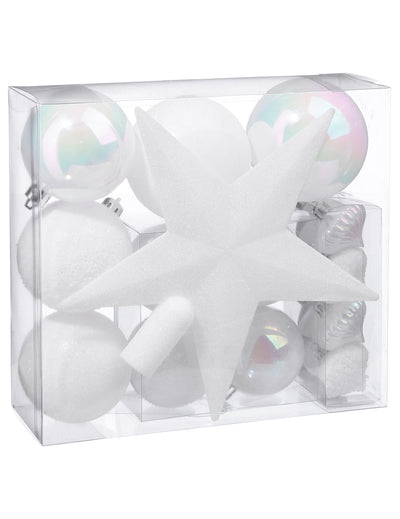 Kit décorations de sapin blanc pour fête 18 pièces avec boules et cimier