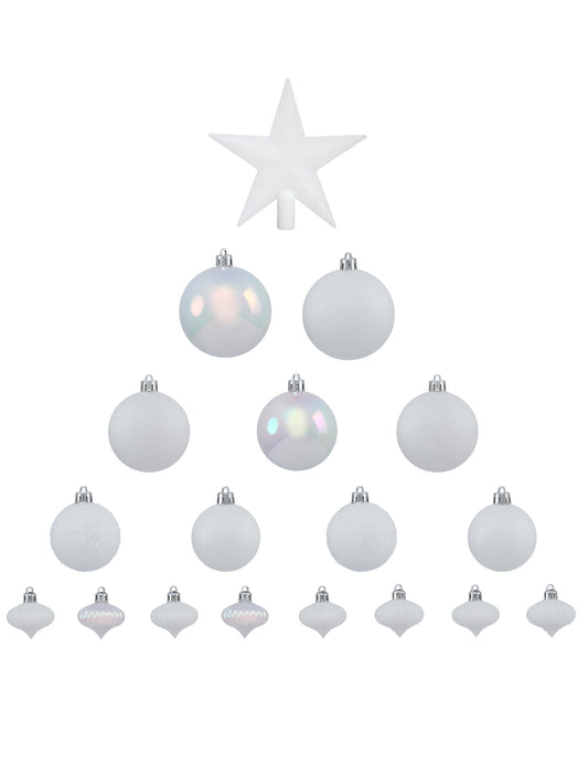 Vue d'ensemble du contenu du kit décorations de sapin blanc pour fête