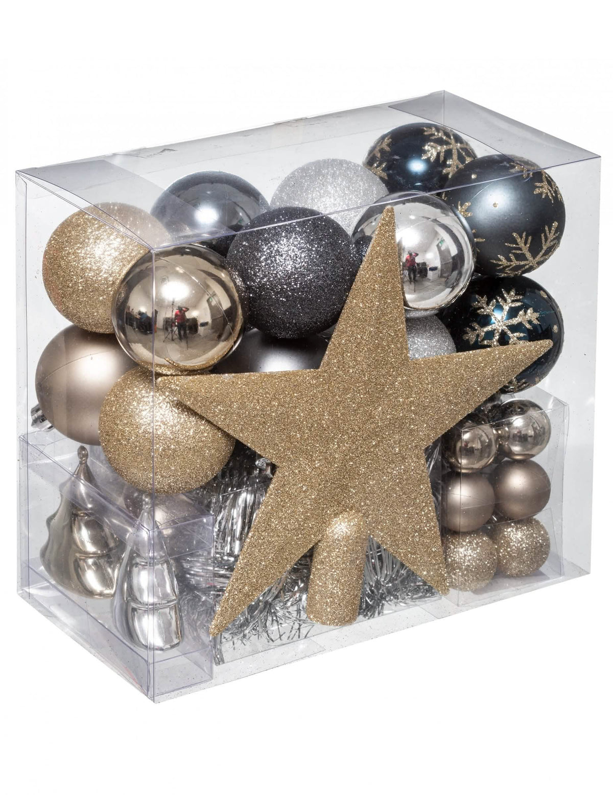 Kit de decorações de árvore de Natal dourado e prateado com bolas e estrela de cimeira com brilho