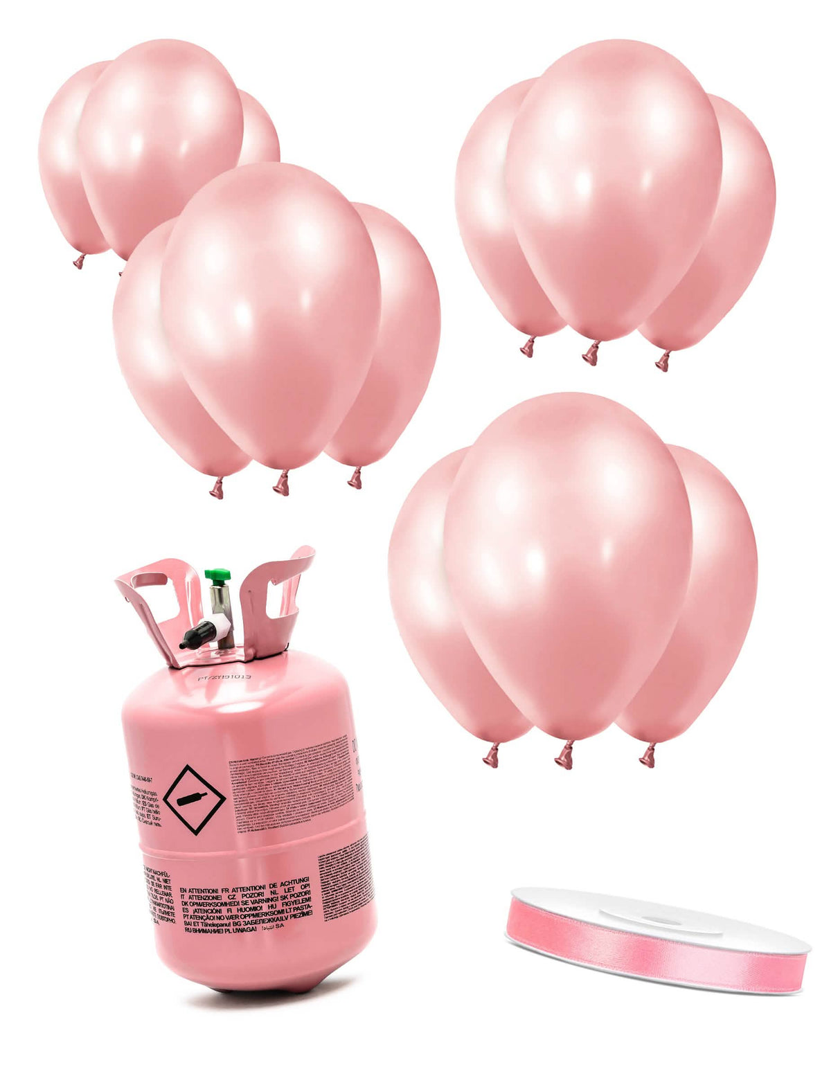 Kit de cilindros de hélio com 12 balões rosa-dourados e fita de cetim