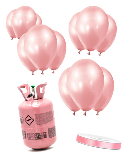 Kit de cilindros de hélio com 12 balões rosa-dourados e fita de cetim
