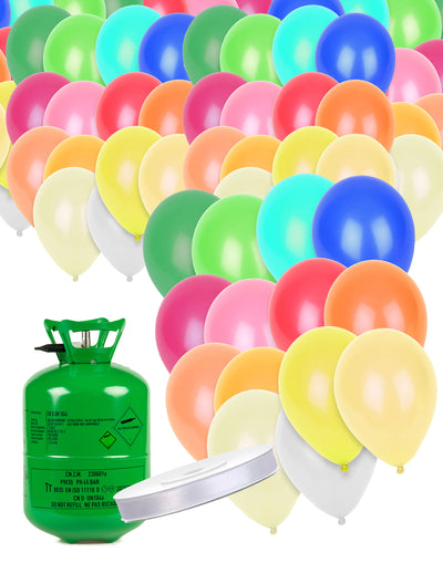 Kit de cilindros de hélio com 50 balões multicoloridos e fita
