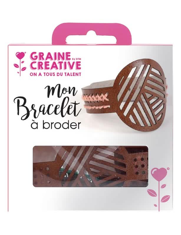 Kit de pulseira para bordar com motivos geométricos para criança em pele castanha com algodão cor de rosa