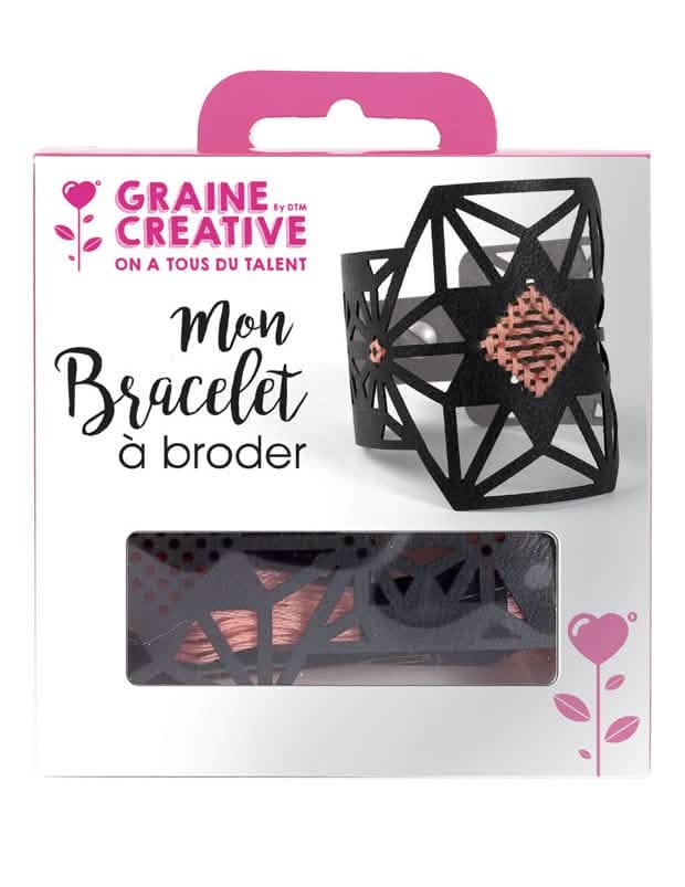 Kit de pulseira para bordar com motivo de estrela em couro preto e fio cor de rosa