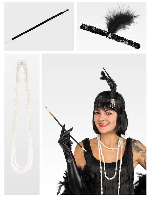 Detalhe dos acessórios do kit cabaré para mulher preto