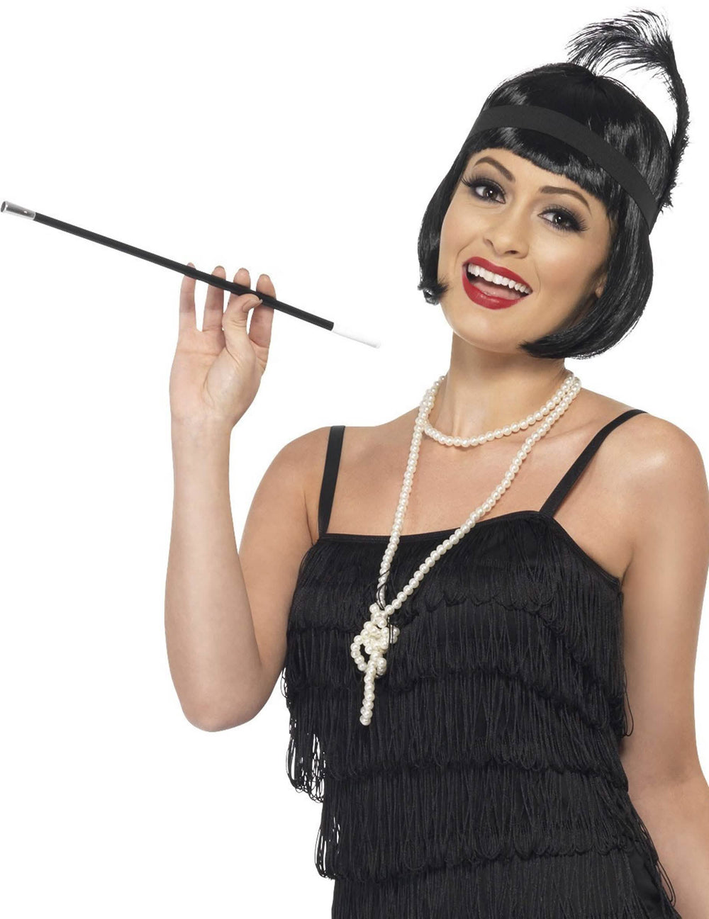 Kit cabaré para mulher preto com bandolete com pena e colar de pérolas