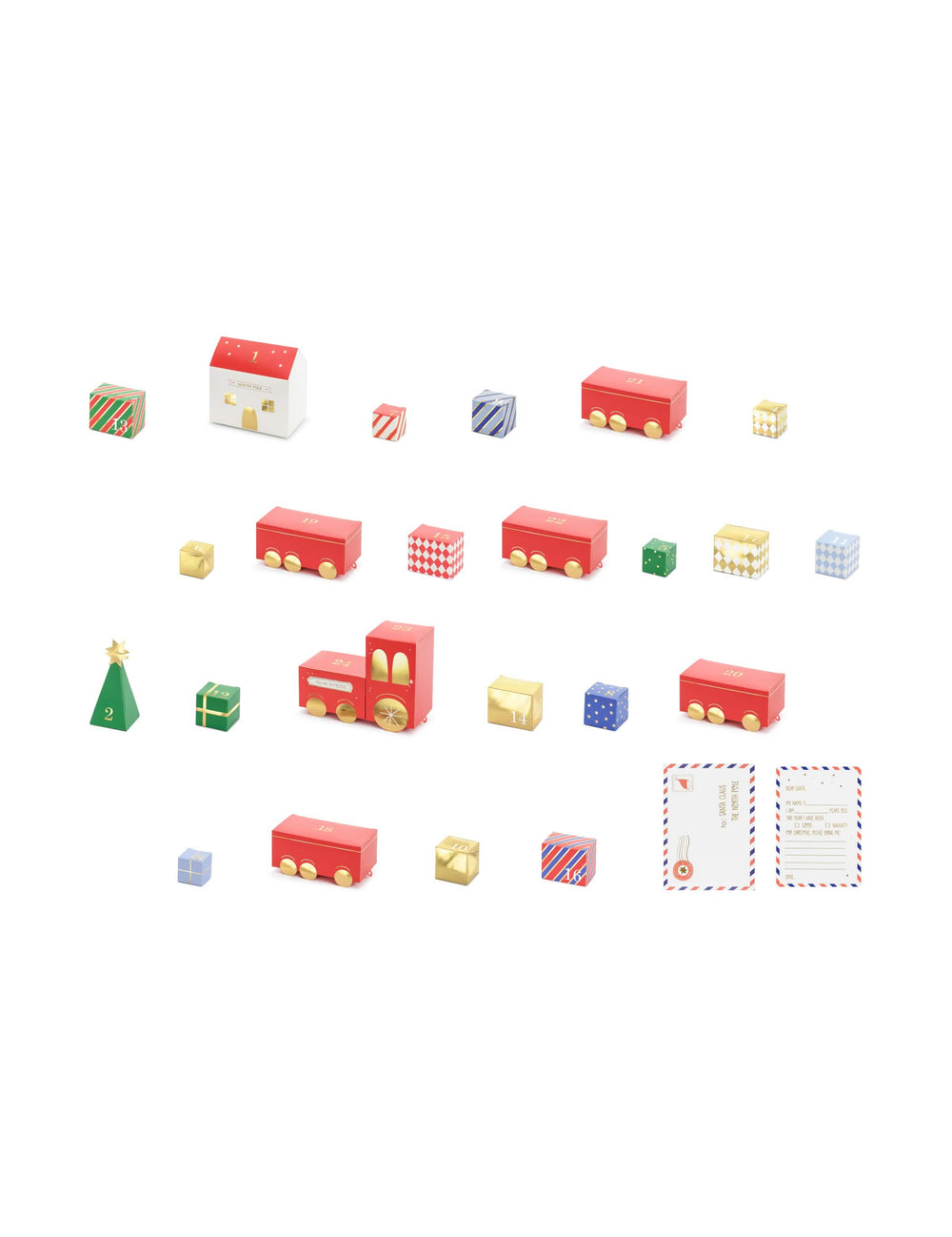Detalhe das caixas e acessórios do kit calendário do advento diy comboio de natal