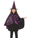 Kit cape et chapeau de sorcière chauve-souris pour enfant noir et violet à motifs brillants