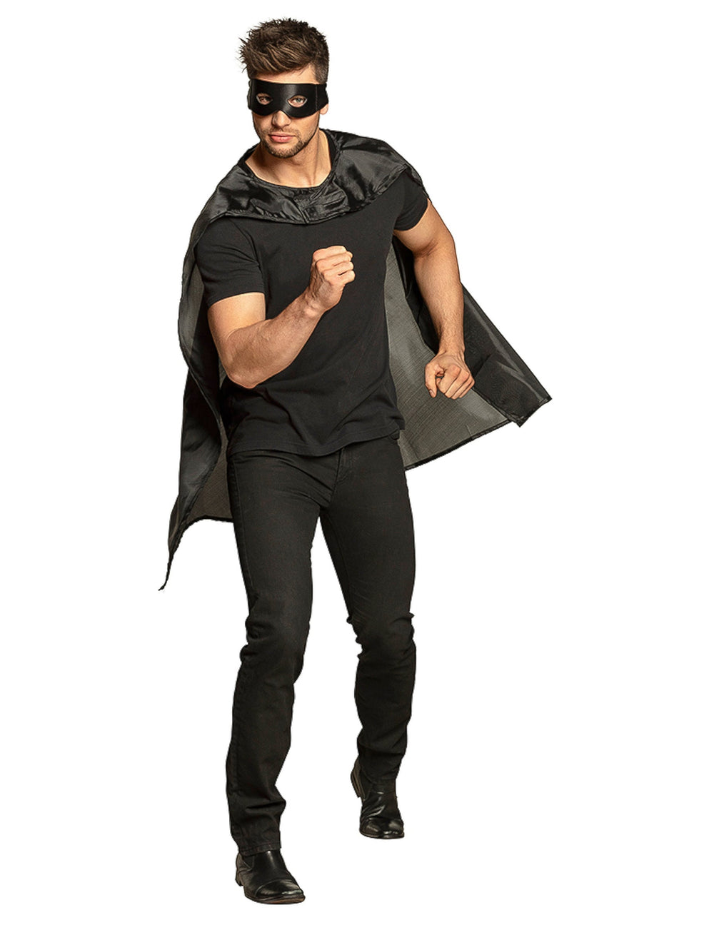 Pose dynamique du kit cape et masque de super héros