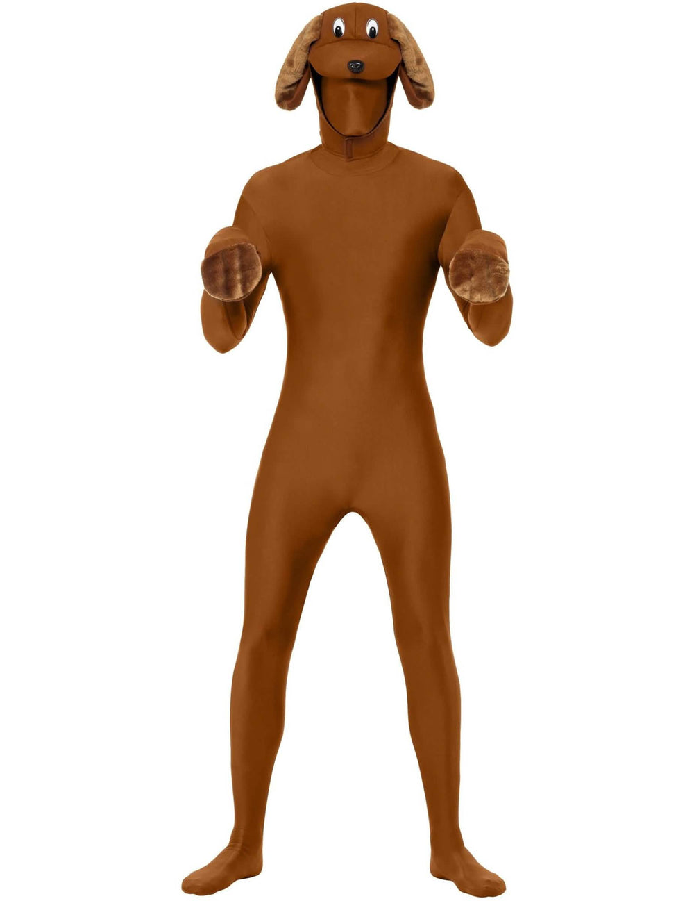 Kit de cão adulto castanho com capuz em forma de cabeça de cão e orelhas em peluche