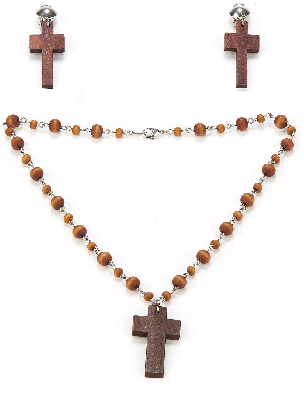 Kit collier et boucles d'oreilles religieuse pour femme en bois marron