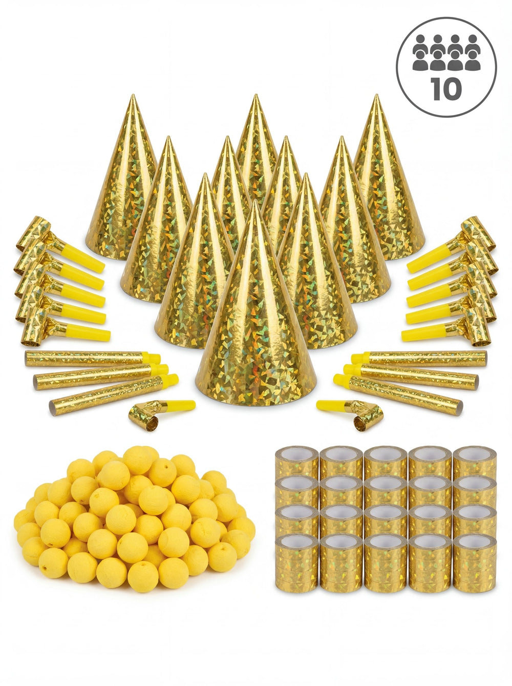 Kit cotillons dorés pour 10 personnes effet holographique brillant