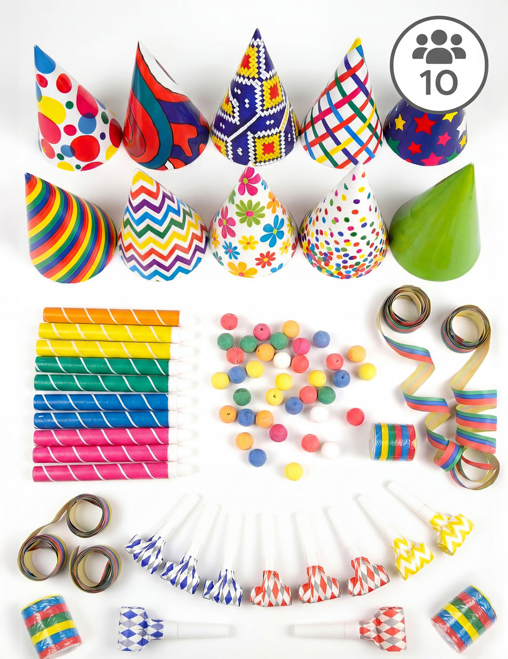 Kit cotillons multicolores pour 10 personnes avec chapeaux et sans-gênes variés