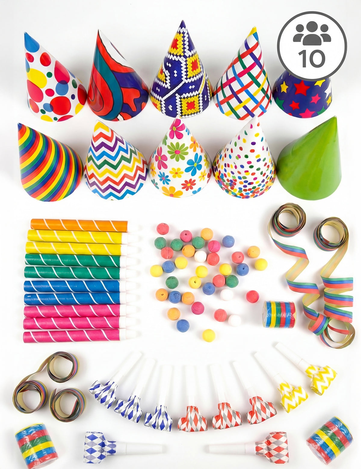 Kit cotillons multicolores pour 10 personnes avec chapeaux et sans-gênes variés