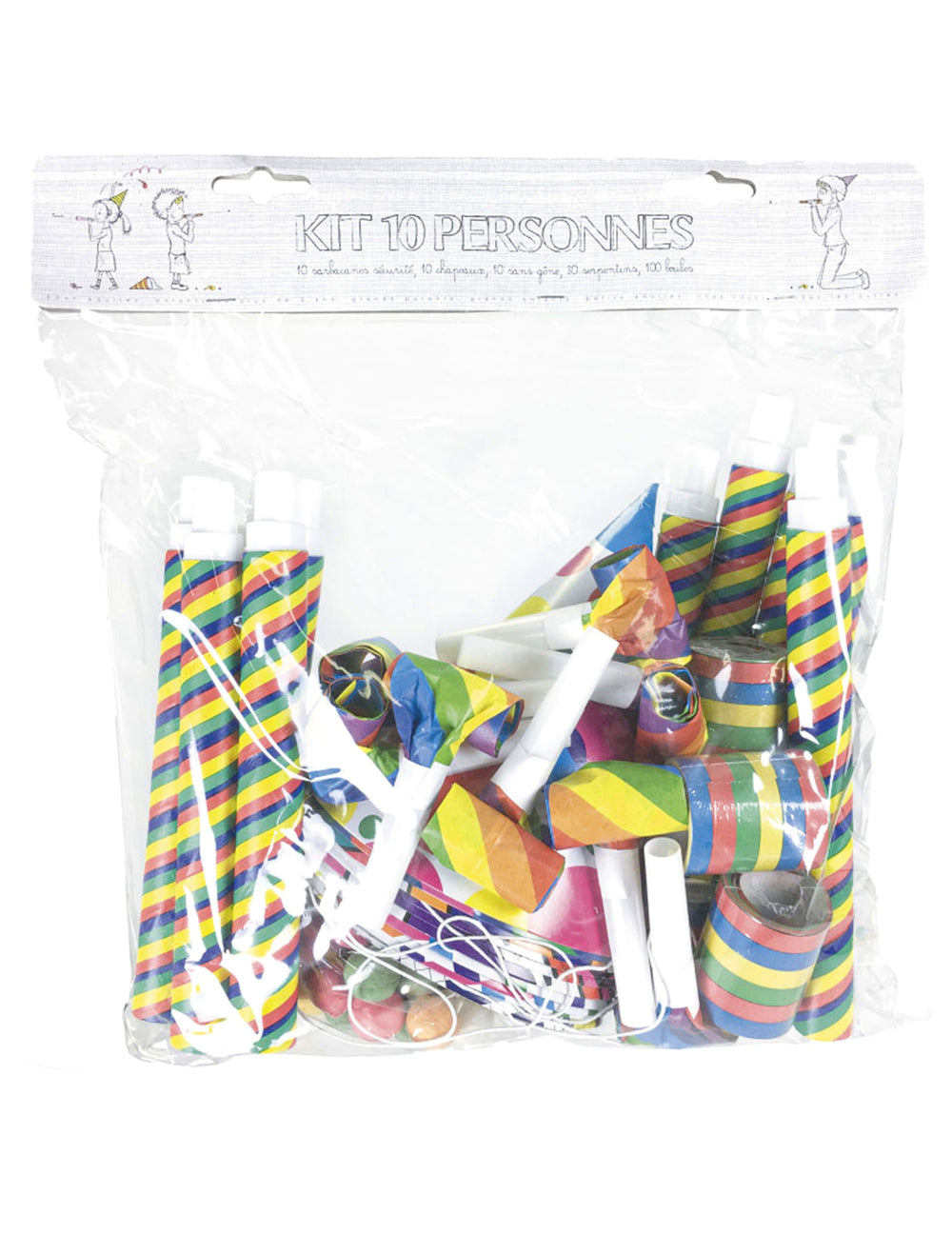 Vue de l'emballage du Kit cotillons multicolores pour 10 personnes