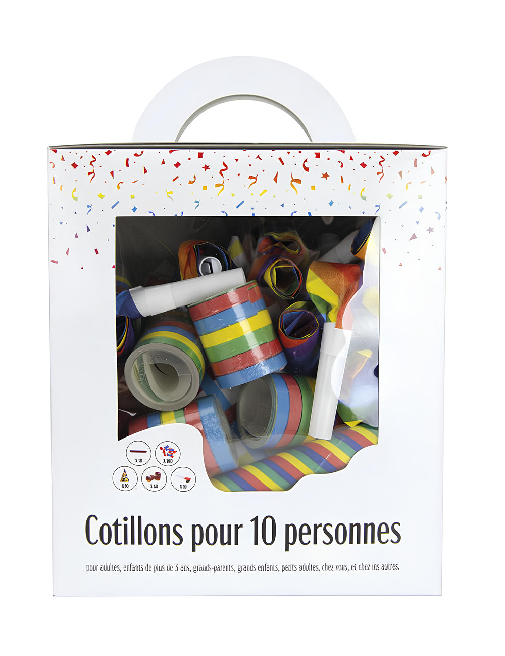 Vue de face de la boîte du kit cotillons multicolores pour 10 personnes