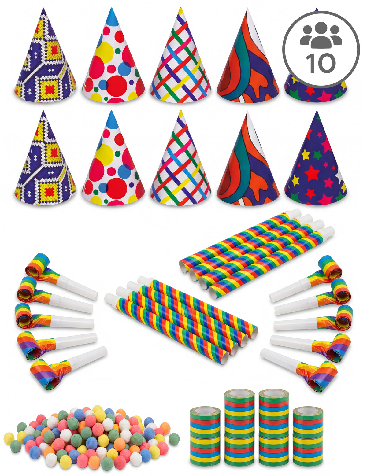Kit cotillons multicolores pour 10 personnes complet avec chapeaux et sans-gênes