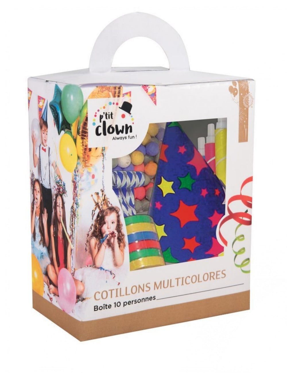 Vue de trois-quarts de la boîte du kit cotillons multicolores pour 10 personnes