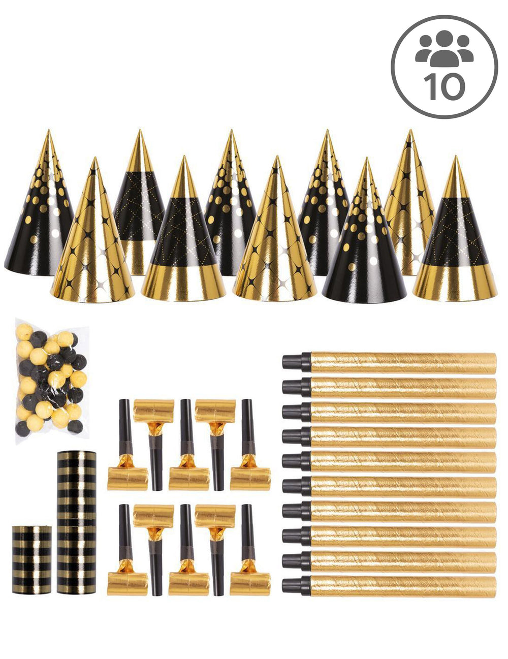 Kit cotillons noir et doré pour 10 personnes noir et or avec chapeaux et sans-gênes