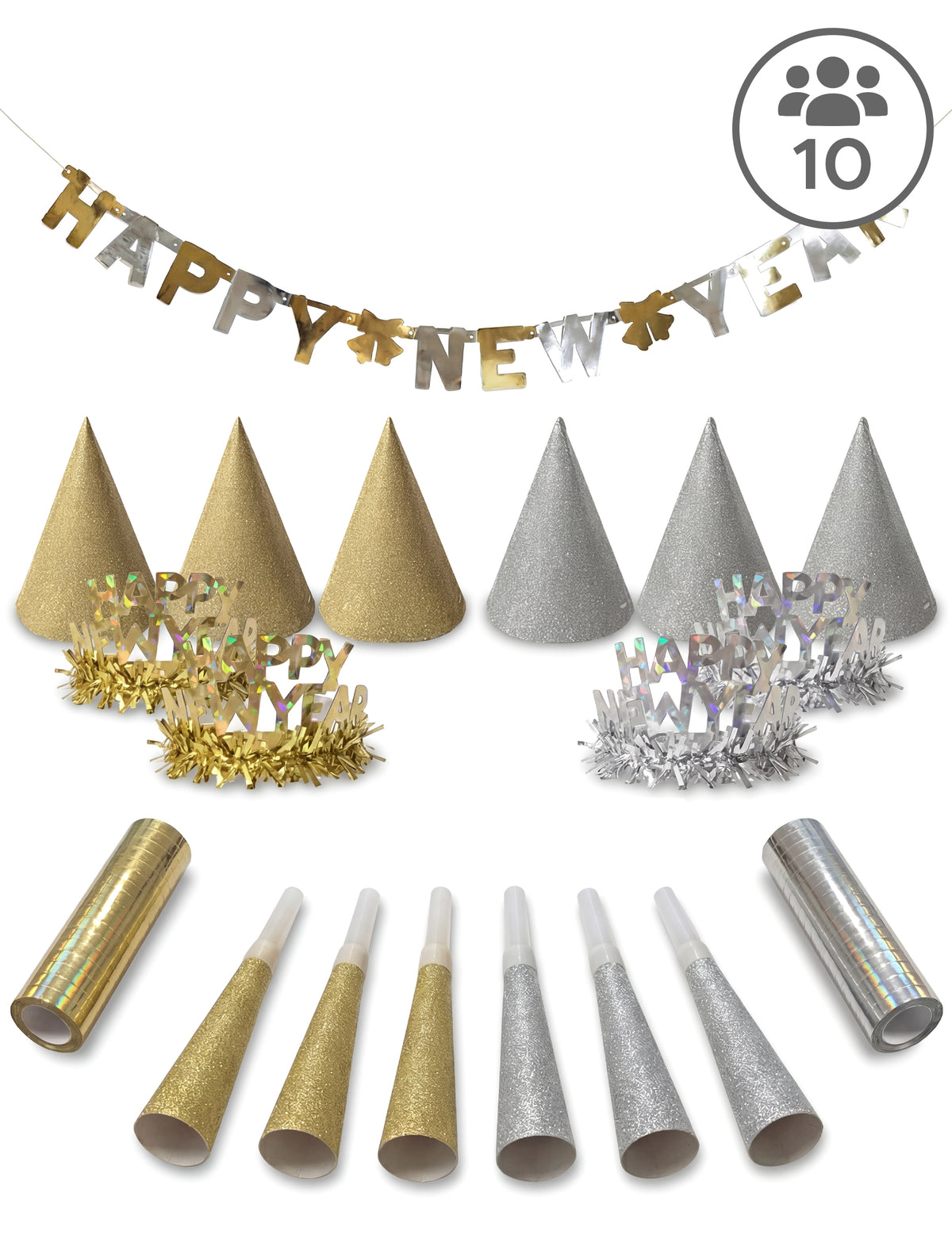 Kit cotillons Happy New Year pour adulte or et argent 27 pièces