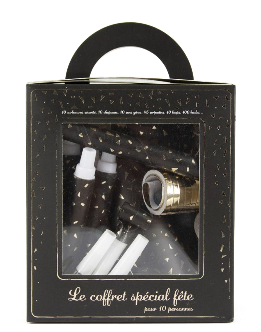 Vue de face du coffret du kit cotillons party pour 10 personnes noir et or