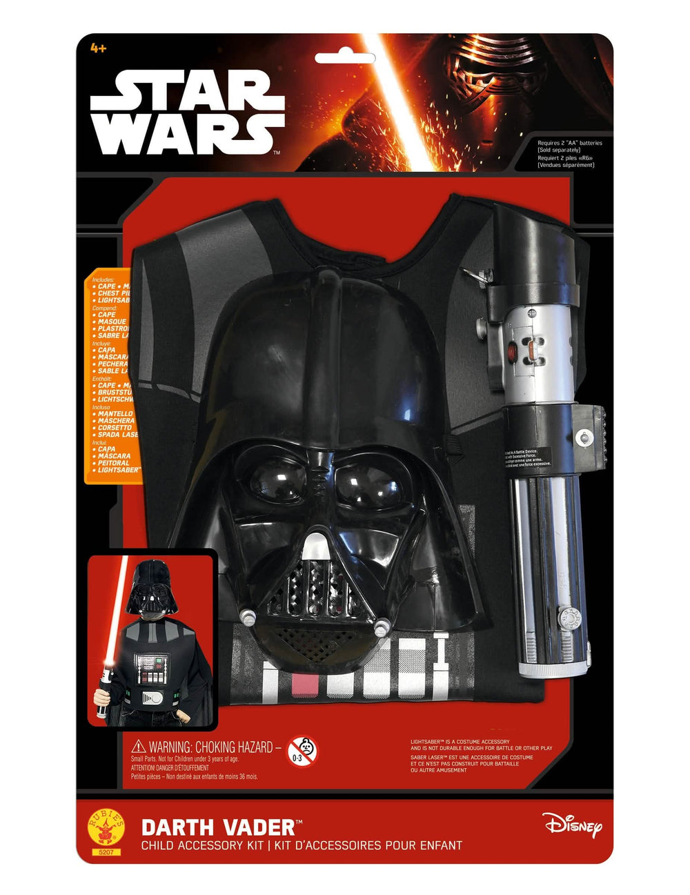 Vista da embalagem com os acessórios do kit Darth Vader para criança