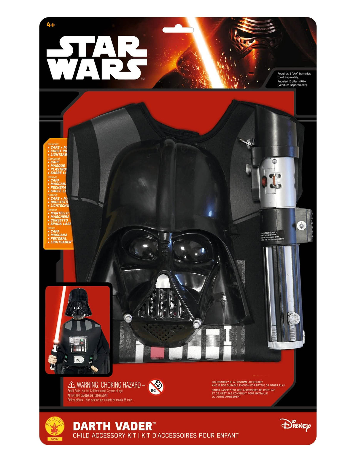 Vista da embalagem com os acessórios do kit Darth Vader para criança