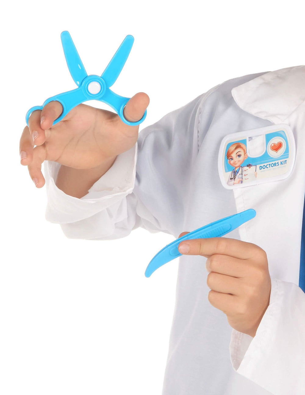Détail des ciseaux et de la pince du Kit de docteur pour enfant 10 pièces bleu