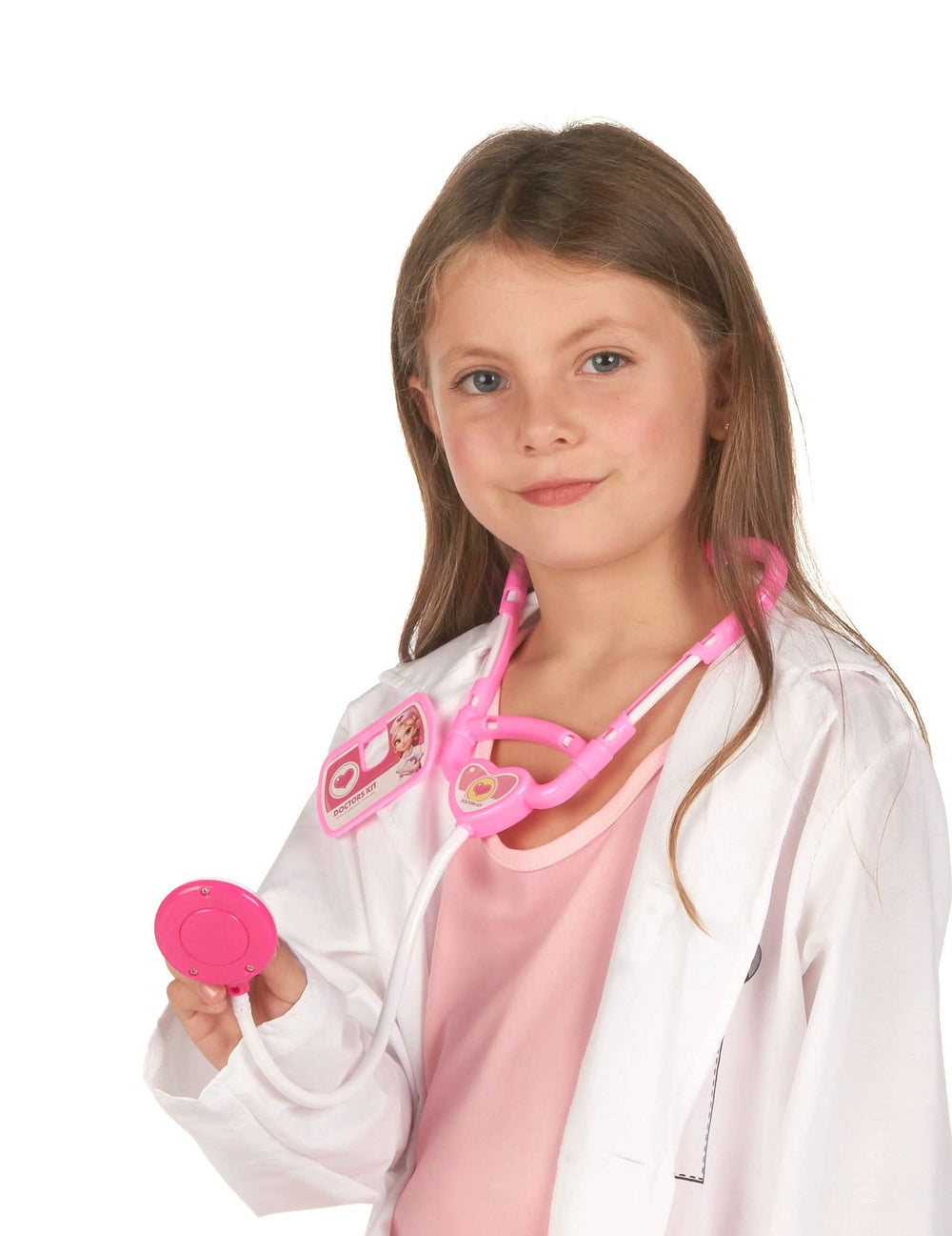 Grande plano do estetoscópio cor de rosa do kit de doutor para criança