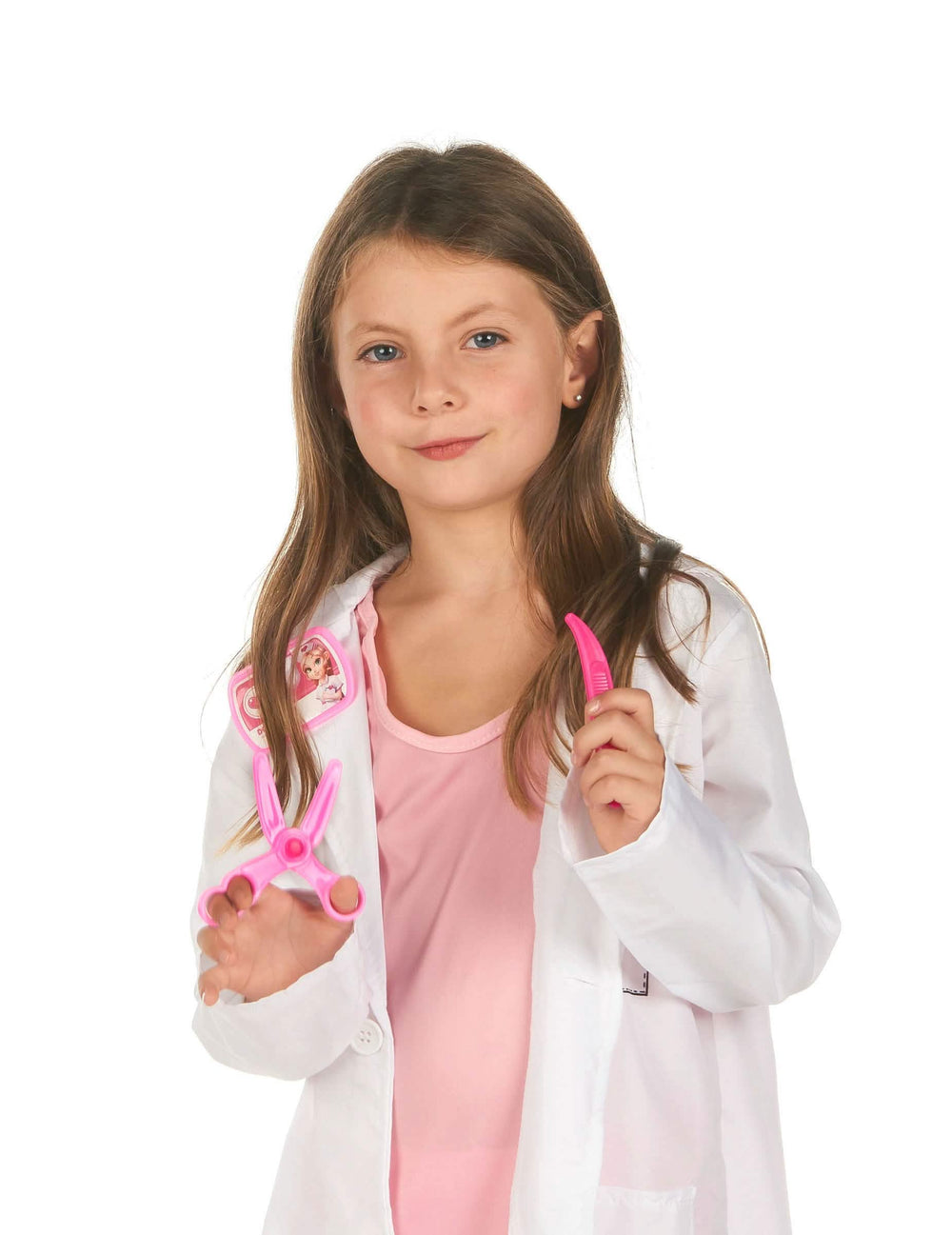 Tesouras e bisturi cor-de-rosa do kit de médico para criança