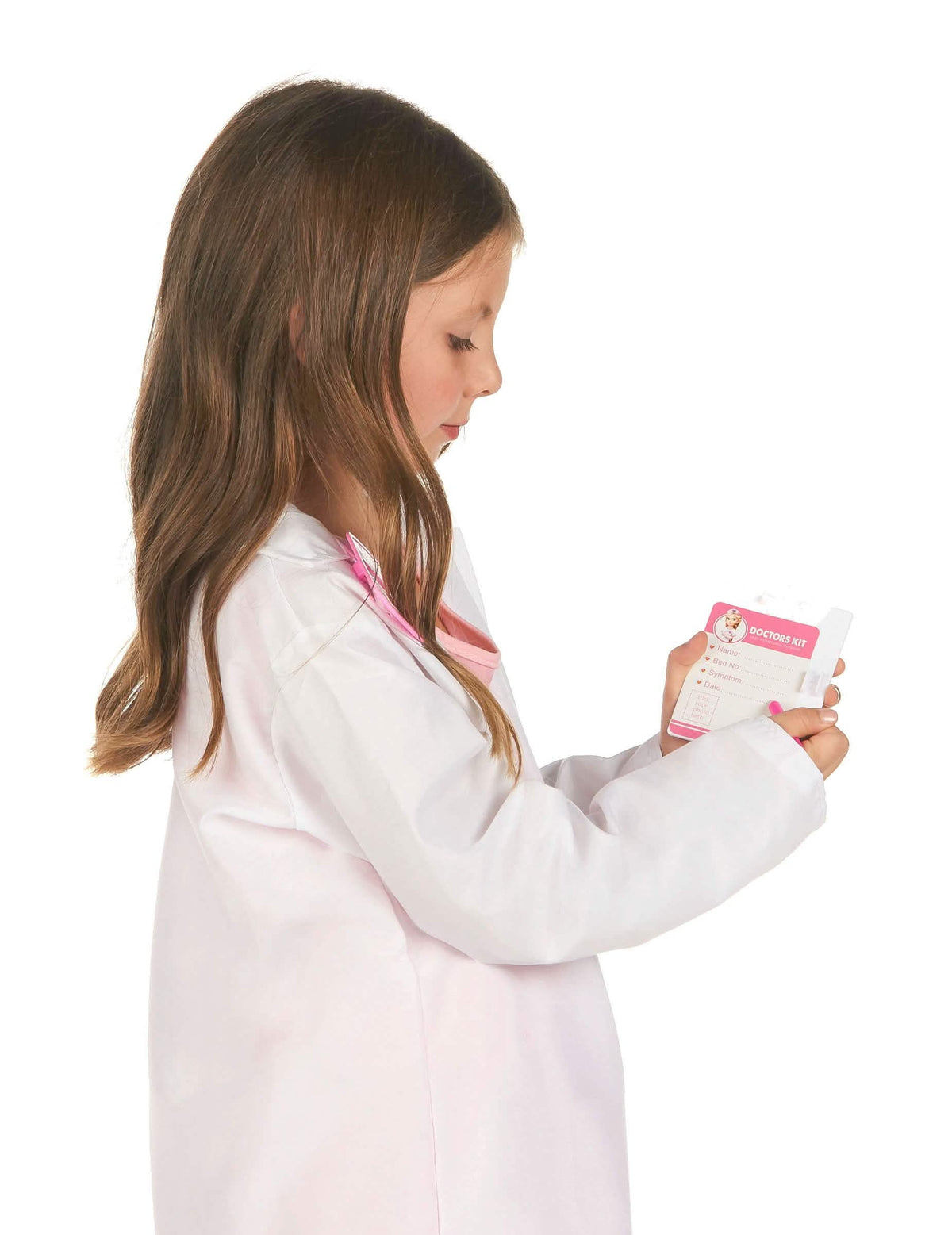 Vista de perfil da blusa e do formulário de saúde do Kit de doutor para criança cor de rosa