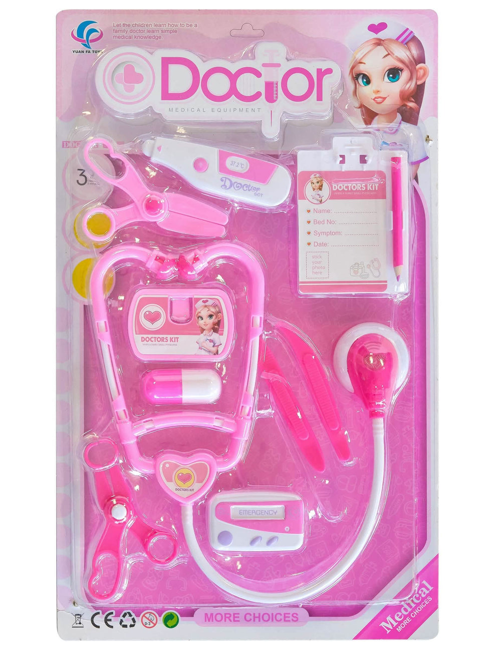 Vue d'ensemble de l'emballage do Kit de docteur para criança cor de rosa