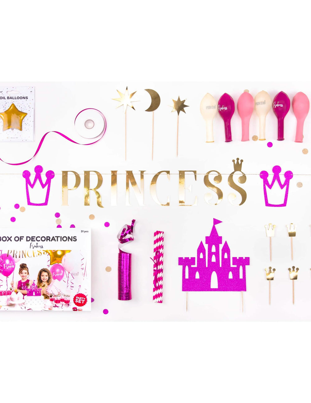 Kit de decoração de aniversário princesa para menina cor de rosa e dourado 31 peças