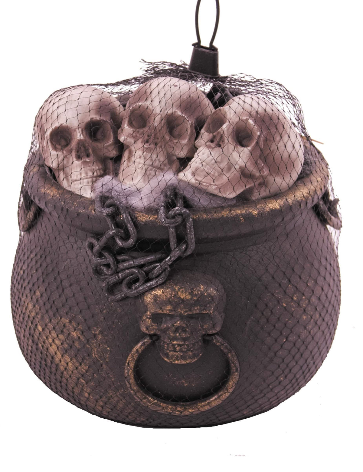 Caldeirão com 12 peças para decoração de halloween preto com caveiras e rede