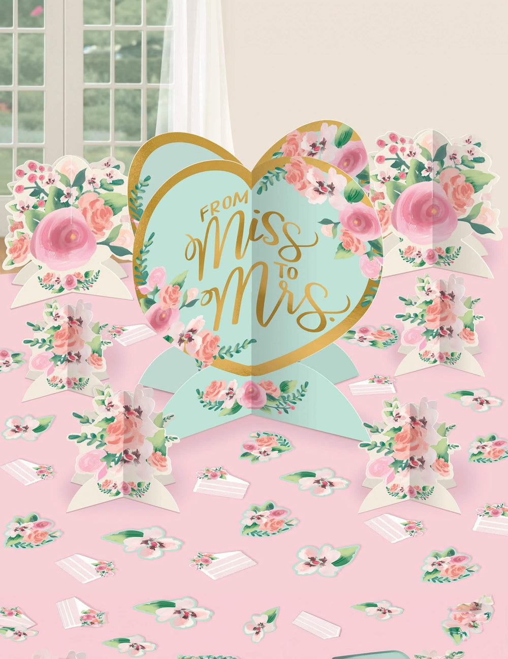 Vue d'ensemble dos elementos do kit decoração de mesa From Miss to Mrs para casamento liberty