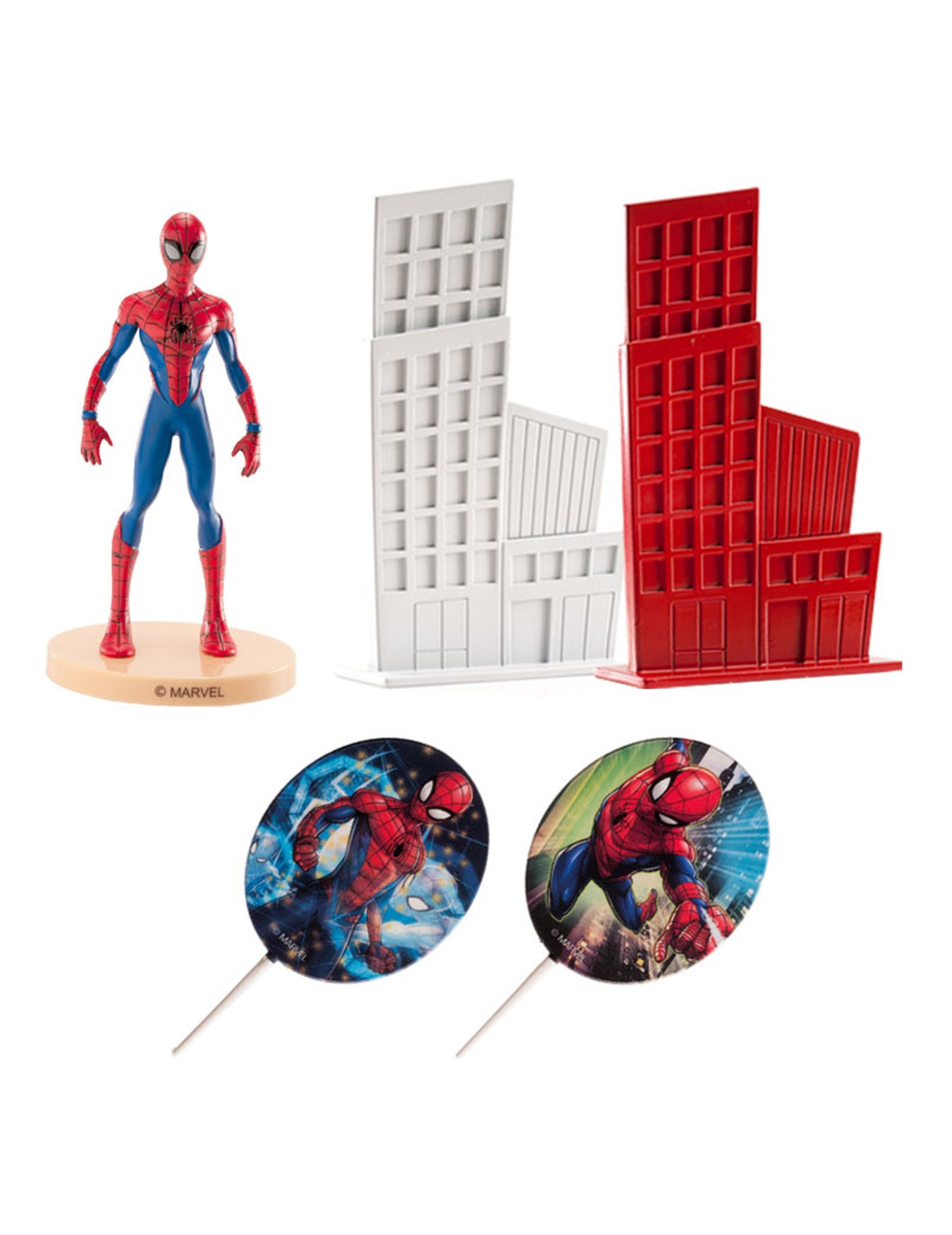Kit décoration gâteau Spiderman avec figurine et immeubles décoratifs rouge et bleu
