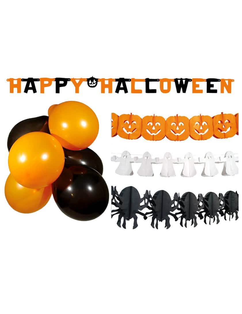 Kit de decorações halloween para a festa cor de laranja, black and white com balões e guirlandas